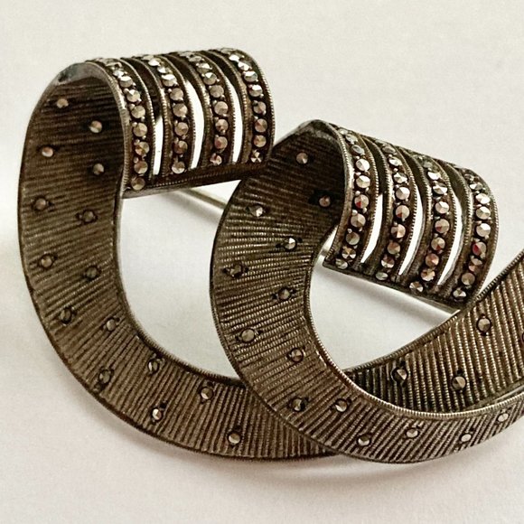Vintage Sterling Silver Art Deco Marcasite Brooch Pin 925 Estate Ribbon Swirl - Picture 9 of 14